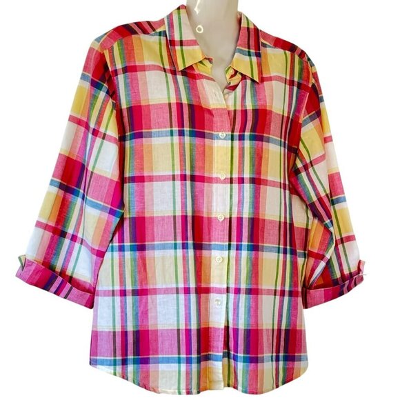 Talbots Irish Linen Madras Plaid Button Down Crisp Linen Pink and Blue Women's M - Picture 1 of 7